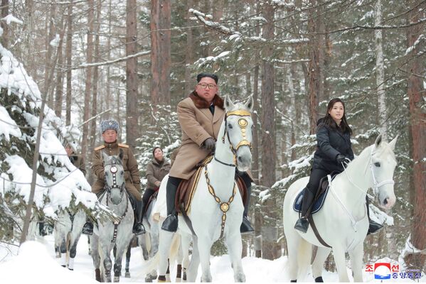 Лидер КНДР Ким Чен Ын вместе с женой верхом на лошади в регионе горы Пэктусан  - Sputnik Абхазия