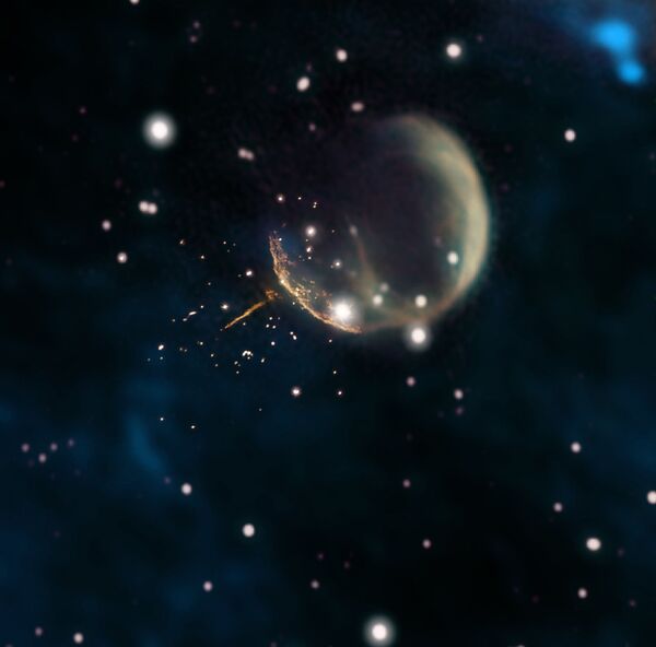 Остаток сверхновой CTB 1, напоминающий пузырь, и прямой, светящийся след от пульсара J0002+6216 - Sputnik Абхазия