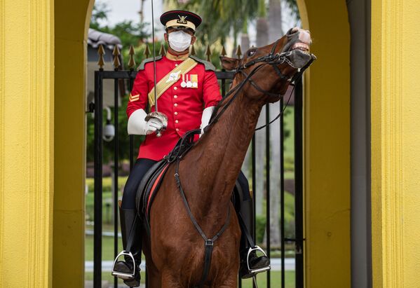 Королевский гвардеец в защитной маске в Национальном дворце в Куала-Лумпуре - Sputnik Абхазия