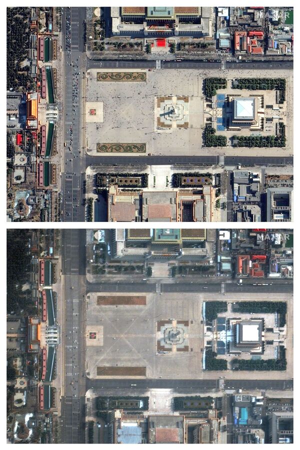 Площадь Тяньаньмэнь в Пекине до коронавируса 21 февраля 2019 года и во время коронавируса 11 февраля 2020 года - Sputnik Абхазия