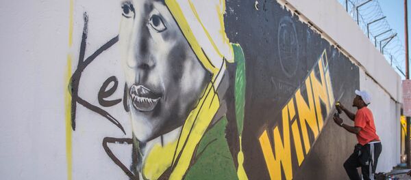 Художник граффити рисует портрет покойного южноафриканского борца против апартеида, Винни Мадикизела-Мандела Художник граффити рисует портрет покойного южноафриканского борца против апартеида, Винни Мадикизела-Мандела - Sputnik Абхазия