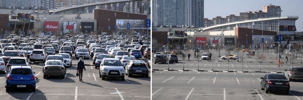 Парковка у магазина МЕГА Химки до и после закрытия торговых центров на карантин из-за коронавируса - Sputnik Абхазия