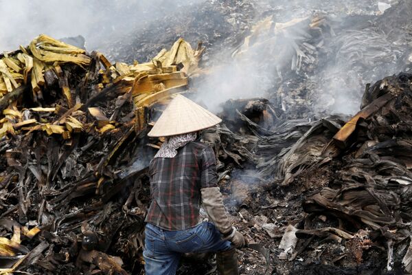 Женщина собирает вторсырье на мусорной свалке возле рисового поля в провинции Виньфук, Вьетнам - Sputnik Абхазия