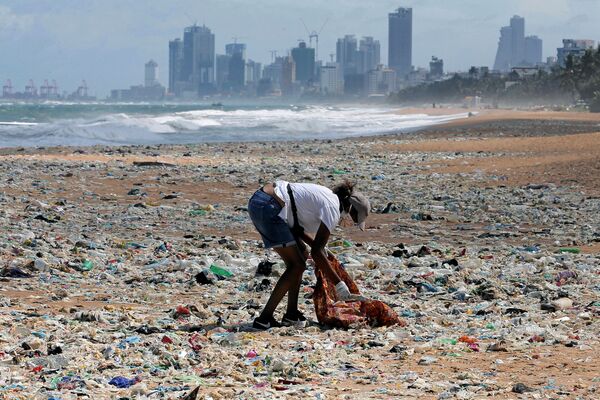 Волонтер собирает мусор на пляже в Коломбо, Шри-Ланка - Sputnik Абхазия